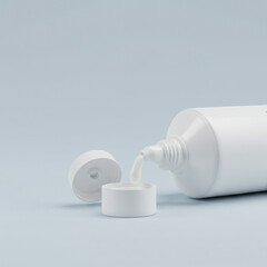 Toothpaste tube mockup with paste drop and cap. Clean 3D scene for branding, packaging, and oral hygiene product presentations