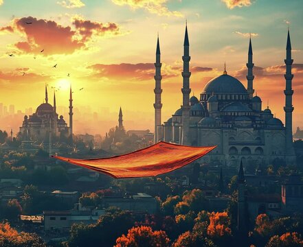 flying carpet drifts above Istanbul at dusk, its fabric rippling in the wind as the city lights awaken below. Ideal for travel fantasies, cultural content, or magical scene-setting in films