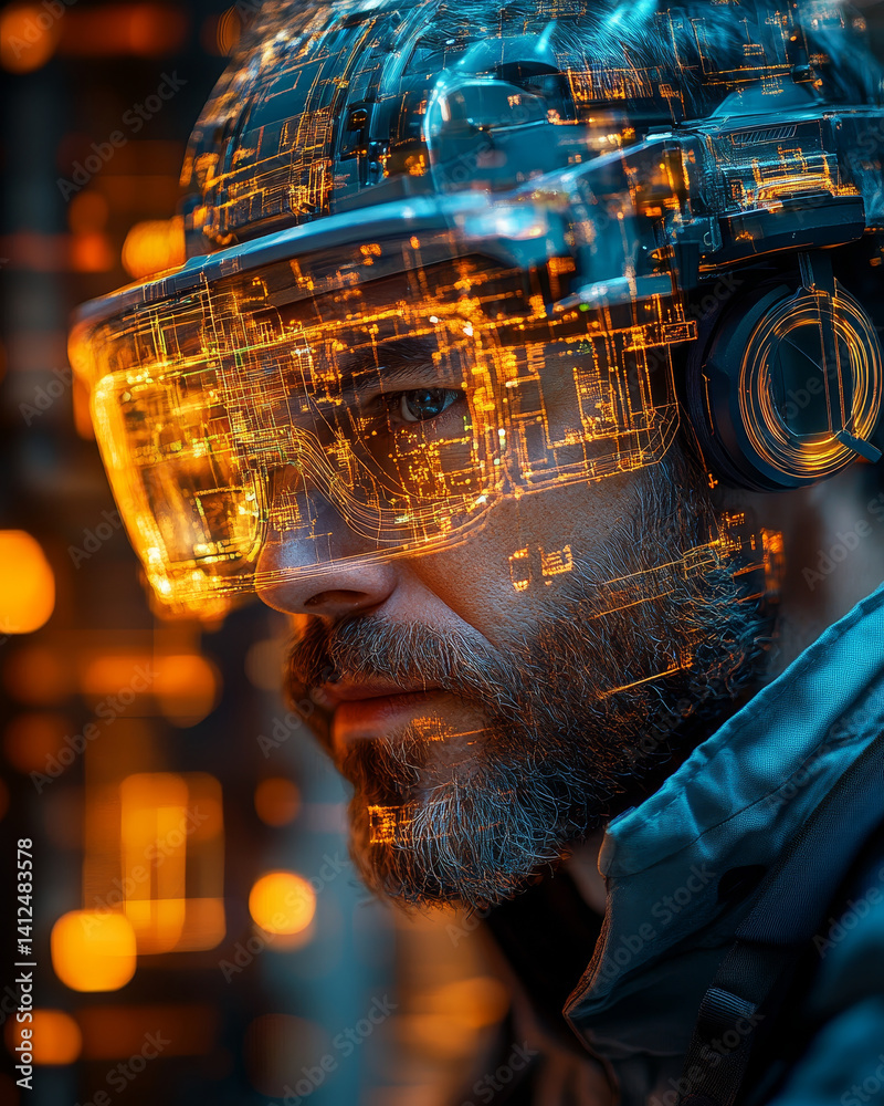 Poster engineer using augmented reality for design visualization, showcasing innovation and technology