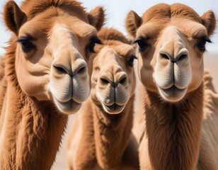 Obraz premium Heads of two camels in the Gobi desert in Mongolia. Close up nose, mouth and eyes of big brown camel heads