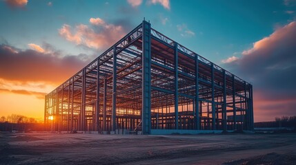 Steel frame building under construction at sunset