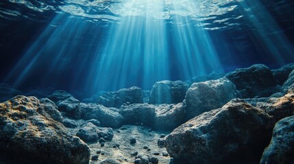 Obraz premium Underwater rocks and sun rays, concept of ocean depth