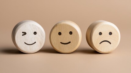 A circular wooden piece featuring engraved expressions of happiness and anger represents the International Day of Happiness, relating to customer reviews and the balance of emotional intelligence and