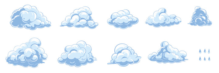 Cartoon blue cloud, weather storm and rain illustration isolated on transparent background vector illustration abstract shape simple and cute.
