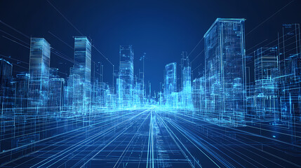 Digital Cityscape: A futuristic wireframe rendering of a city skyline, showcasing intricate details of buildings and roads, creating a sense of depth and technological advancement.