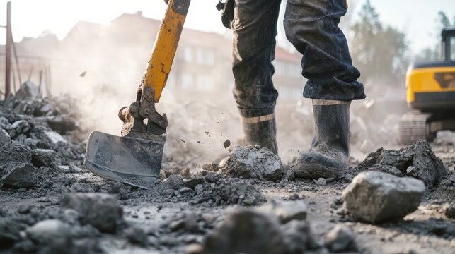 Excavation worker operating a jackhammer on reinforced concrete. Featuring power and resilience