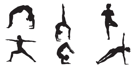 Yoga pose Slim sportive young woman doing yoga & fitness exercises. Healthy lifestyle. Set of vector silhouette illustrations design isolated on white background.