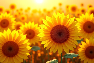 an elegant sunflower field bathed in warm golden hues, the delicate paper petals arranged in a dynamic, sun-kissed composition