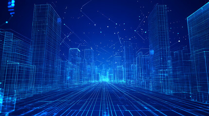 Fototapeta premium Digital Blueprint of the Modern Metropolis: An immersive digital cityscape with intricate lines and shapes.