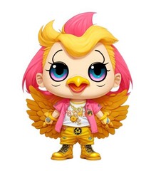 Cartoon Chick in Gold Outfit with Pink and Yellow Hair