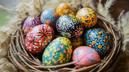 Fototapeta premium A nest filled with bright Easter eggs, manually painted. A warm and festive composition conveys the atmosphere of spring, creativity and Easter.
