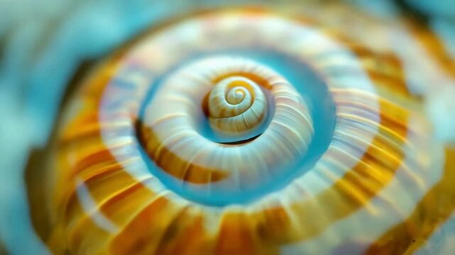 A clear raindrop shining on a magical snail shell spiral, the fascinating symmetry of the spiral is visible through the water drop.