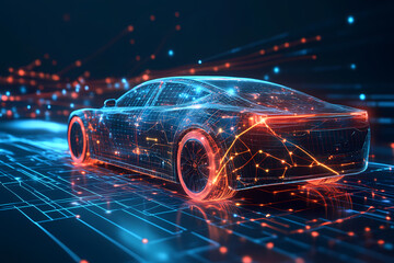 The Essence of Connectivity: A futuristic vehicle, outlined in a vibrant digital glow, traversing a landscape of data, representing the convergence of automotive and technological innovation.