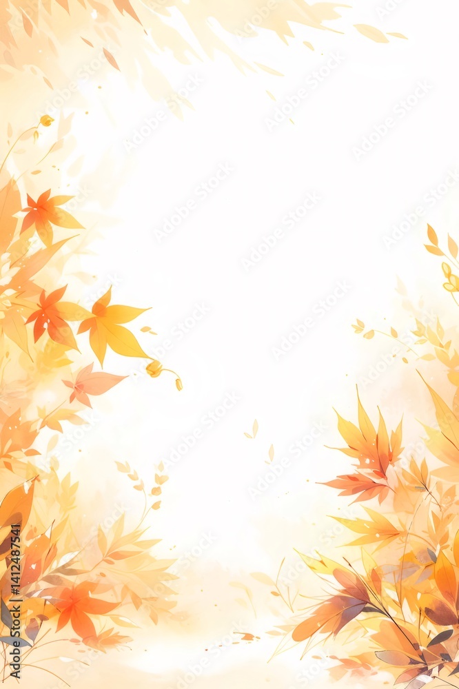 Poster 秋の季節の背景のオレンジと黄色の葉のイラスト 水彩画スタイル 自然の葉っぱ フレームデザイン