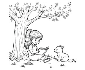 Cute Girl and Animals Coloring Page
