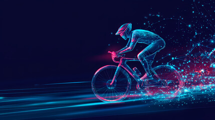 Fototapeta premium Cycling Silhouette: A dynamic visual of a cyclist in motion, his form rendered with energetic lines and bursts of digital light, capturing the essence of speed and determination.