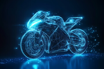 Motorcycle Wireframe: An ethereal motorcycle in blue wireframe rendering against a dark blue backdrop, conveying a sense of speed, power and innovation.  