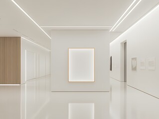 白を基調とした現代美術館に展示された大型アートフレームのモックアップ | Large Art Frame Mockup Displayed in a White Contemporary Art Museum