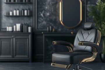 The interior design of this luxury hair salon features black and gold accents, with a marble wall that includes shelves for showcasing products, and a barber chair visible from the front
