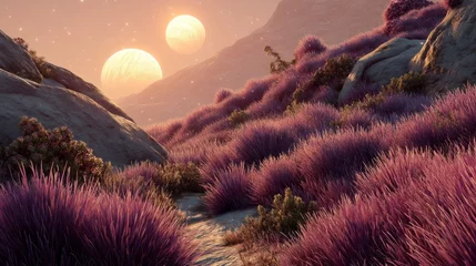 Gardinen Alien twilight valley with twin suns and purple grass in surreal extraterrestrial mountain landscape © Schizarty