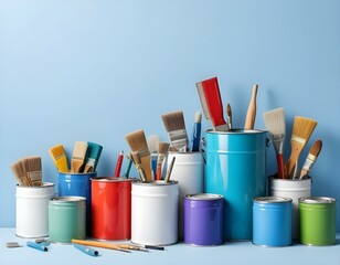 Obraz premium Instruments for renovation apartment room isolated on white and blue background. accessories for gluing, painting tools. Colorful paint cans. Concept of repair home. Copy space for advertisement.