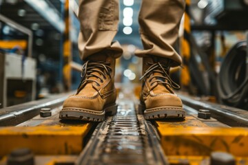 factory worker wearing safety shoes while in a factory