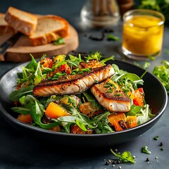 Grilled Salmon Salad with Fresh Vegetables and Bread