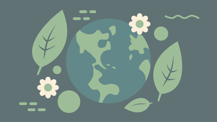 Geometric Earth Day Flat Illustration with Leaves and Flowers. Flat geometric Earth with leaves and flowers in soft green tones. Ideal for Earth Day and eco-conscious designs.