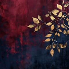 Grunge gold leaves tree branch on rich burgundy and navy textured background