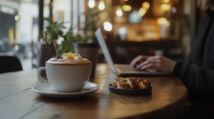Freelancer working on a laptop at a café. Featuring remote work and coffee shop environment