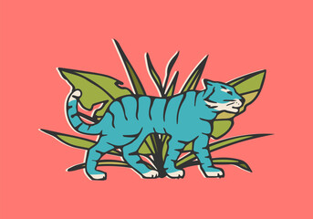 Modern hand drawn walking blue tiger in jungle on bright background. Wild animal in front of tropical bush. Contemporary illustation in trendy style perfect for stickers, cards, prints posters or web.