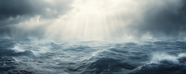 Fototapeta premium Dramatic Stormy Ocean with Dark Clouds and Rays of Light Breaking Through