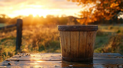 Naklejka premium Rustic wooden bucket on a weathered table at sunrise. Golden hour light bathes a country scene