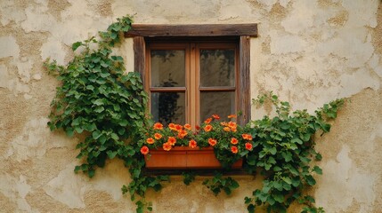Charming Window with Flowers and Ivy on Rustic Wall