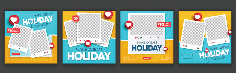 Travel and tourism social media post template design. Holiday summer vacation Tourism business marketing online poster banner editable set © VectorDot