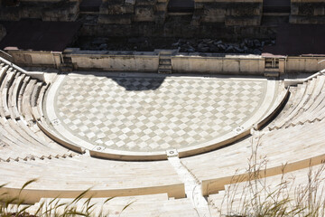 Athens, Greece - April 2025: Close up of the ancient theater Odeon of Herodes Atticus. The Acropolis of Athens. 