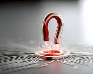 Red horseshoe magnet levitating above a circuit board, emitting sparks