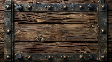 Weathered Old Oak Wood Planks with Wrought Iron Frame for Rustic Sign or Advertisement Backdrop