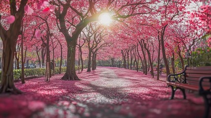 Stunning cherry blossom pathway during spring public park nature photography serene environment eye-level view tranquility