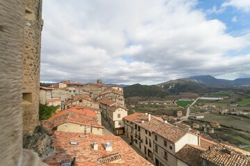 Views of the medieval village of Frias from the castle with the mountains.
