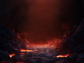 Hyper-realistic dark cave entrance with a black background, rugged rock walls on the left and right, and an intense glowing red light emerging from within.