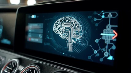 AI Interface: Futuristic car dashboard display showcases an intricate brain-like interface. It combines technology, innovation, and future concepts in the transportation realm.  - Powered by Adobe