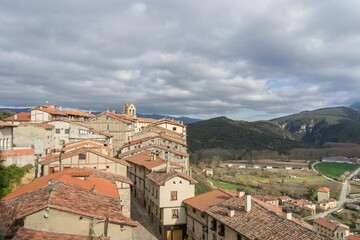 Panoramic view from the castle of the rural and medieval village of Frias with its houses and roofs