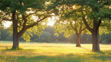 Fototapeta premium Sunlit garden trees in golden morning light, a dreamy natural backdrop with soft bokeh
