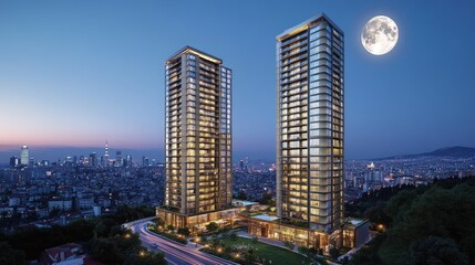 Modern high-rise residential towers at twilight