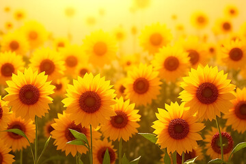 an elegant sunflower field bathed in warm golden hues, the delicate paper petals arranged in a dynamic, sun-kissed composition