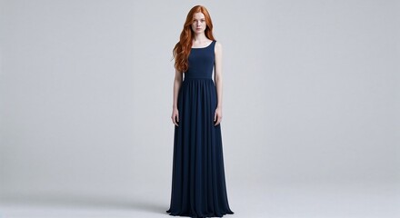 Elegant Woman in a Navy Blue Evening Gown on Studio Background