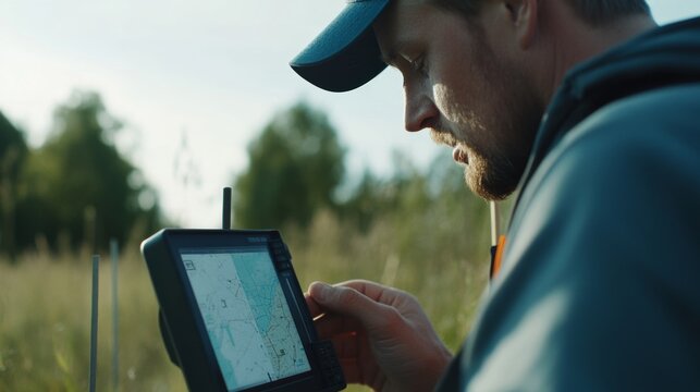 Land surveyor marking property boundaries with GPS equipment. Featuring calculation and detail