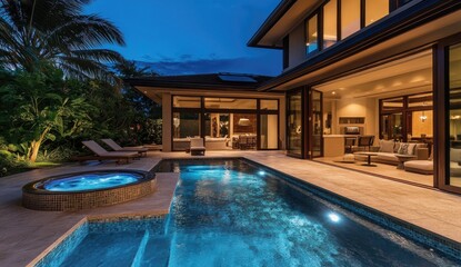 Luxury home with pool and spa at twilight