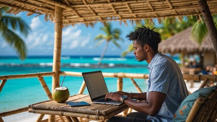 High-resolution, highly detailed digital photograph of a young digital nomad working on a laptop f